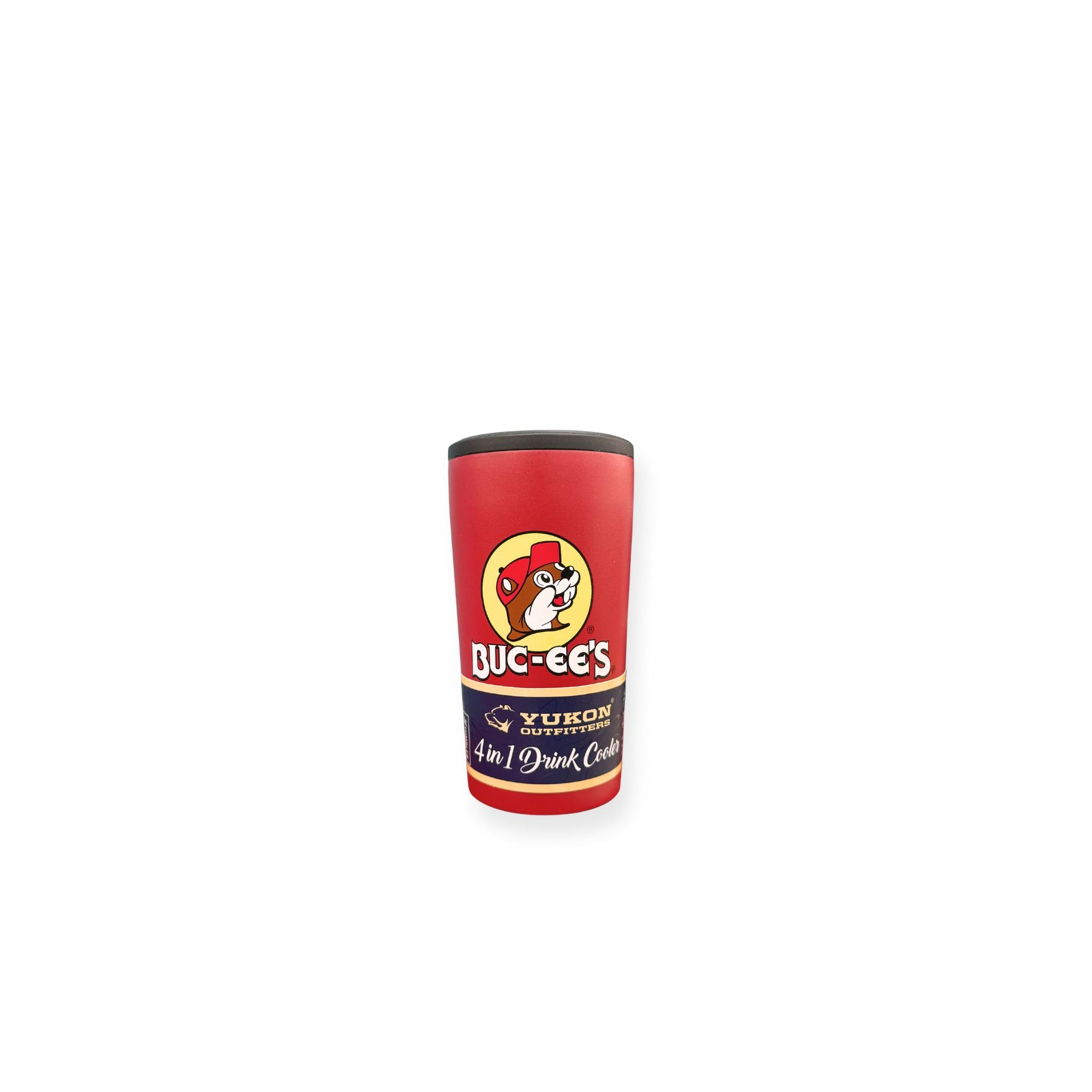Front view of Buc-ee's red drink cooler showing yellow beaver logo and 4-in-1 Drink Cooler text