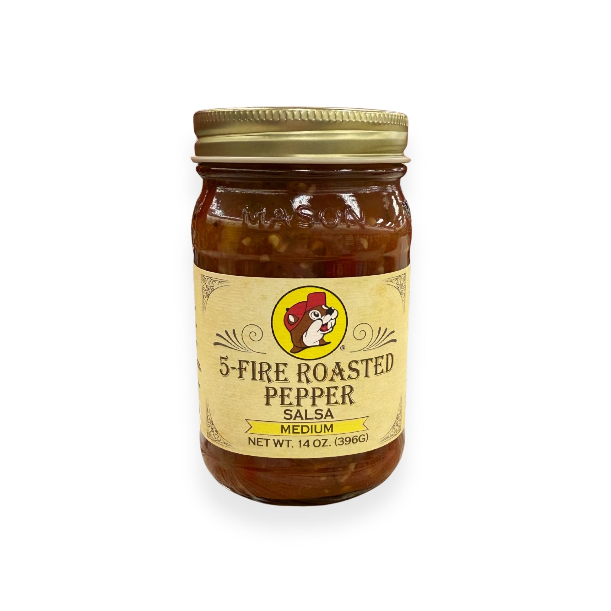 Buc-ee's 5-Fire Roasted Pepper Salsa 14 oz mason jar front view featuring iconic red beaver mascot logo, "MEDIUM" heat level indicator, and classic mason jar styling with golden lid