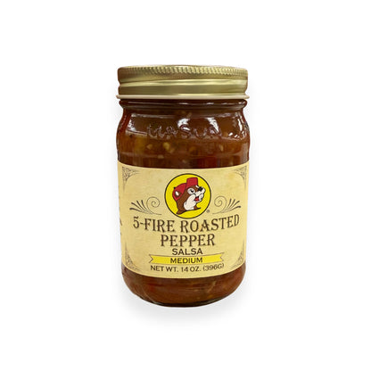 Buc-ee's 5-Fire Roasted Pepper Salsa 14 oz mason jar front view featuring iconic red beaver mascot logo, "MEDIUM" heat level indicator, and classic mason jar styling with golden lid