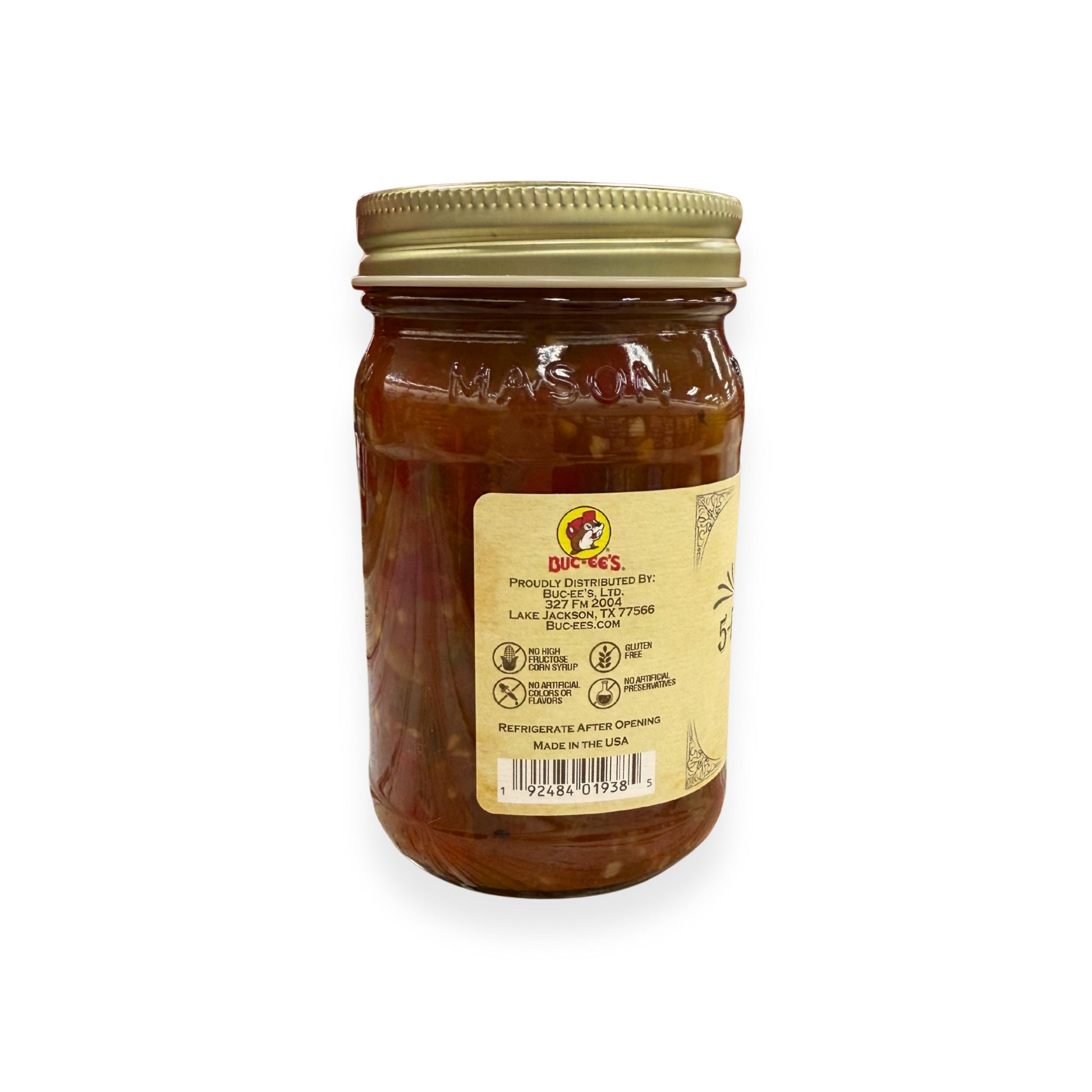 Buc-ee's 5-Fire Roasted Pepper Salsa 14 oz mason jar back view showing Buc-ee's distributor information from Lake Jackson TX, gluten-free certification, no artificial preservatives badges, barcode, and storage instructions