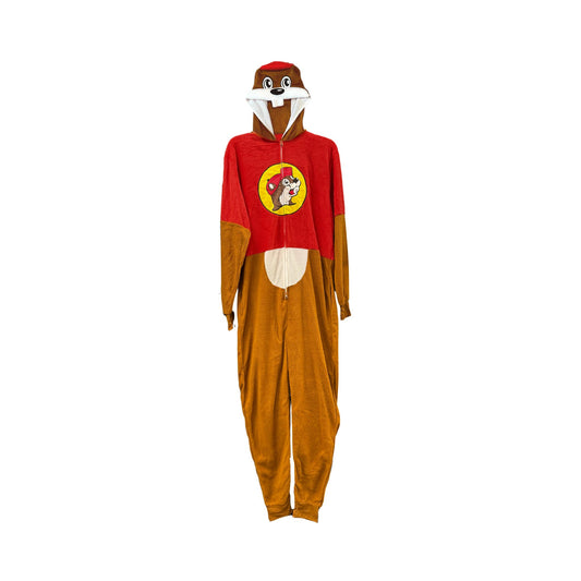 Full-body Buc-ee's adult beaver onesie in brown and red with hood featuring beaver ears, quilted tail, and full-zip front