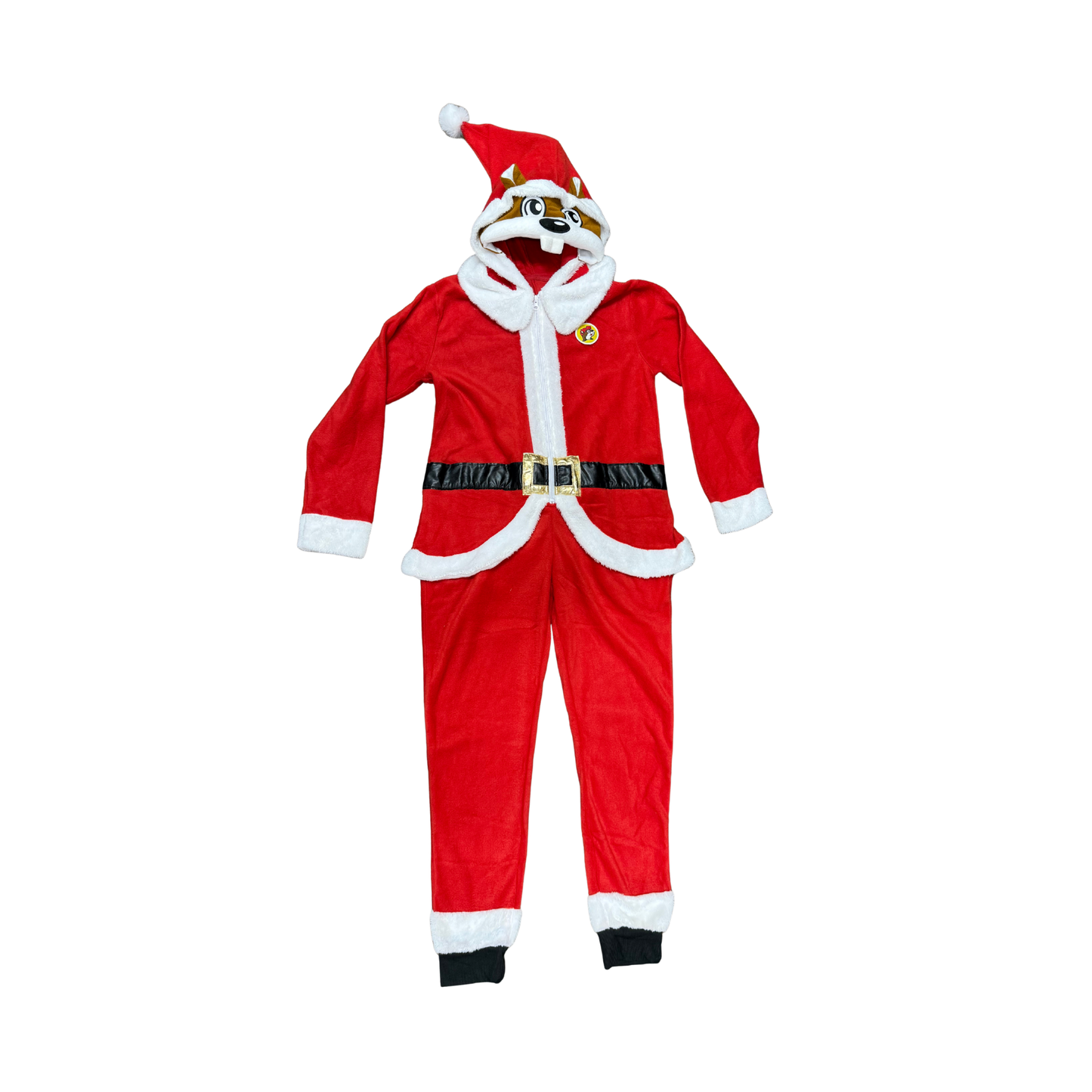 Buc-ee's red Santa onesie pajamas with Bucky beaver face hood wearing Santa hat, white fur trim, black belt detail with gold buckle, covered feet, full-length zipper