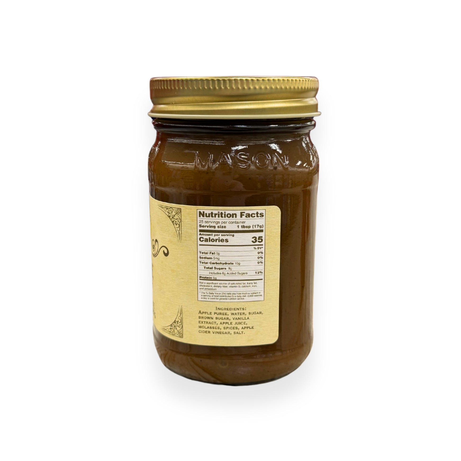 Buc-ee's Apple Butter 16.5 oz mason jar side view showing nutrition facts label with 25 servings per container, ingredients list including apple puree and traditional spices, and golden vintage-style labeling