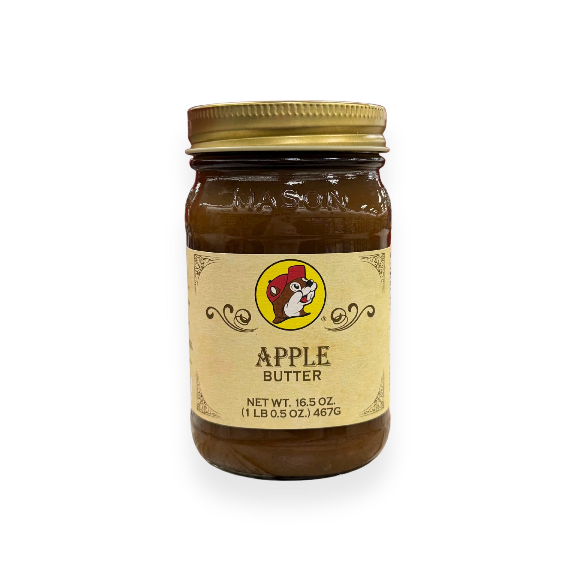 Buc-ee's Apple Butter 16.5 oz mason jar front view featuring iconic red beaver mascot logo and classic mason jar styling with golden lid, showing net weight 1 lb 0.5 oz