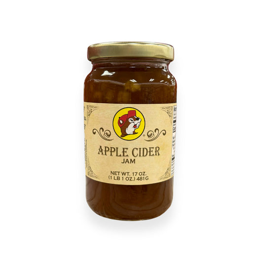 Buc-ee's Apple Cider Jam 17 oz mason jar front view featuring iconic red beaver mascot logo and classic mason jar styling with golden lid, showing net weight 1 lb 1 oz
