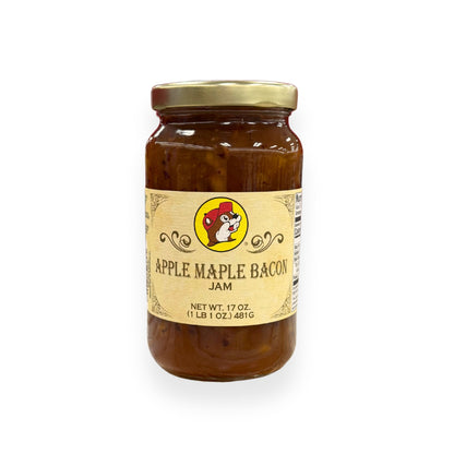 Buc-ee's Apple Maple Bacon Jam 17 oz mason jar front view featuring iconic red beaver mascot logo and classic mason jar styling with golden lid, showing net weight 1 lb 1 oz