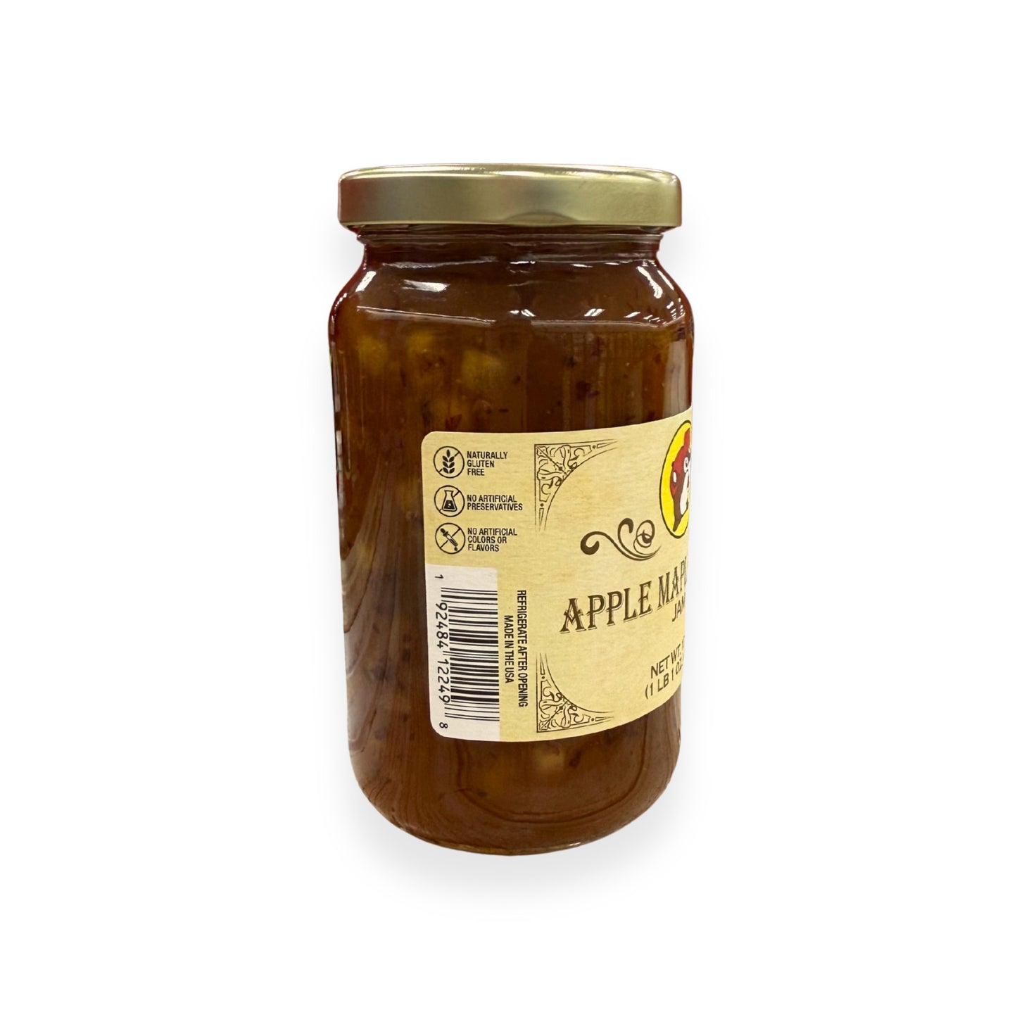 Buc-ee's Apple Maple Bacon Jam 17 oz mason jar back view showing gluten-free certification, no artificial preservatives badges, barcode, and storage instructions
