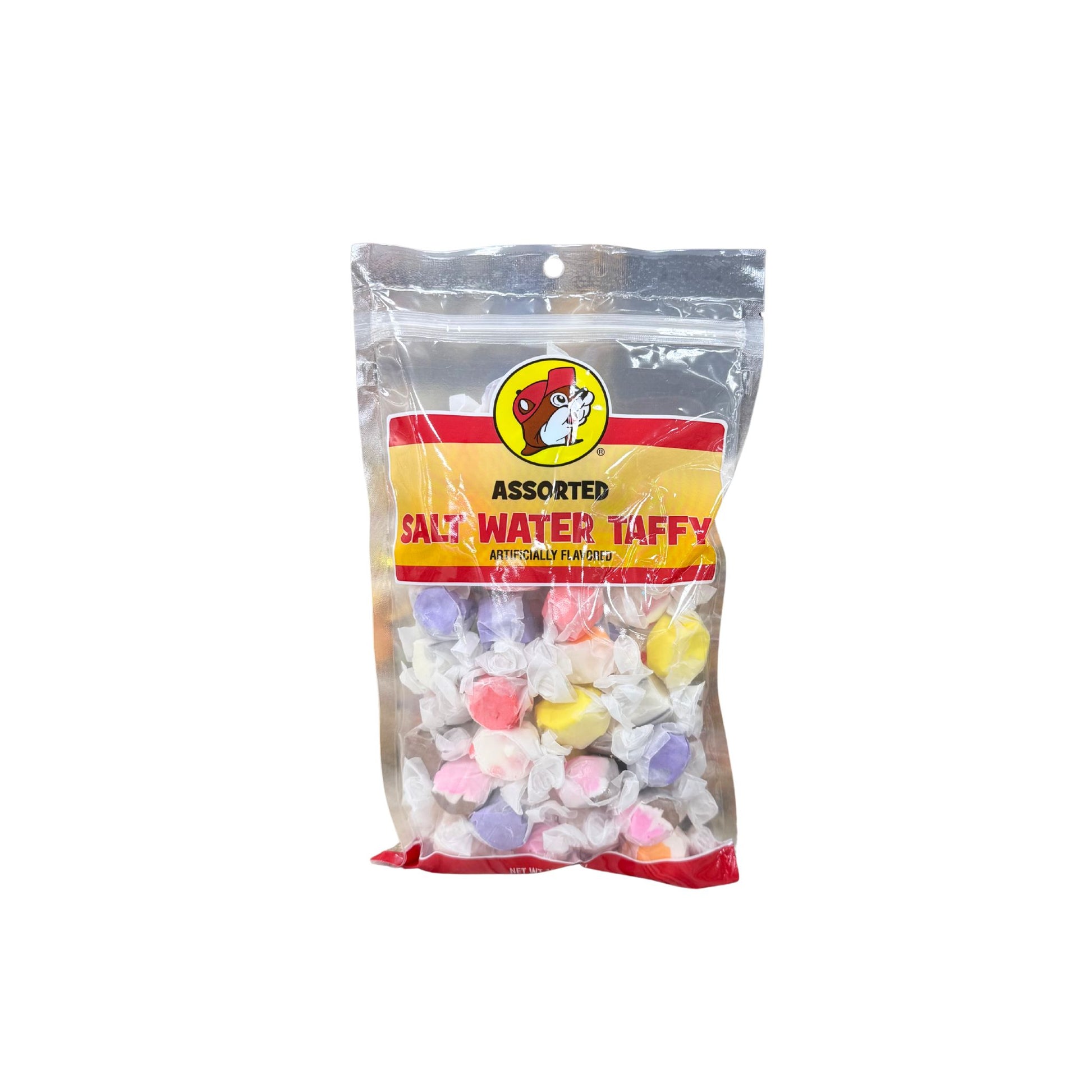 Buc-ee's assorted salt water taffy bag showing multiple colored individually wrapped candy pieces with Bucky logo on yellow and red label