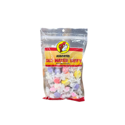 Buc-ee's assorted salt water taffy bag showing multiple colored individually wrapped candy pieces with Bucky logo on yellow and red label