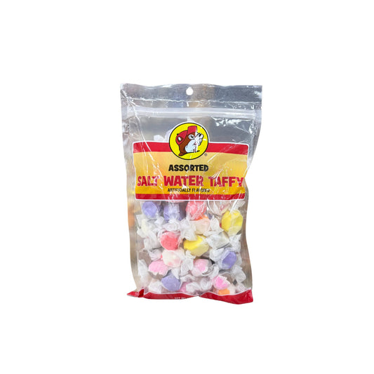 Buc-ee's assorted salt water taffy bag showing multiple colored individually wrapped candy pieces with Bucky logo on yellow and red label