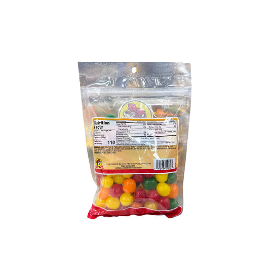 Buc-ee's assorted sours bag back showing nutrition facts and rainbow of colored sour candy balls in red, orange, yellow, green, purple