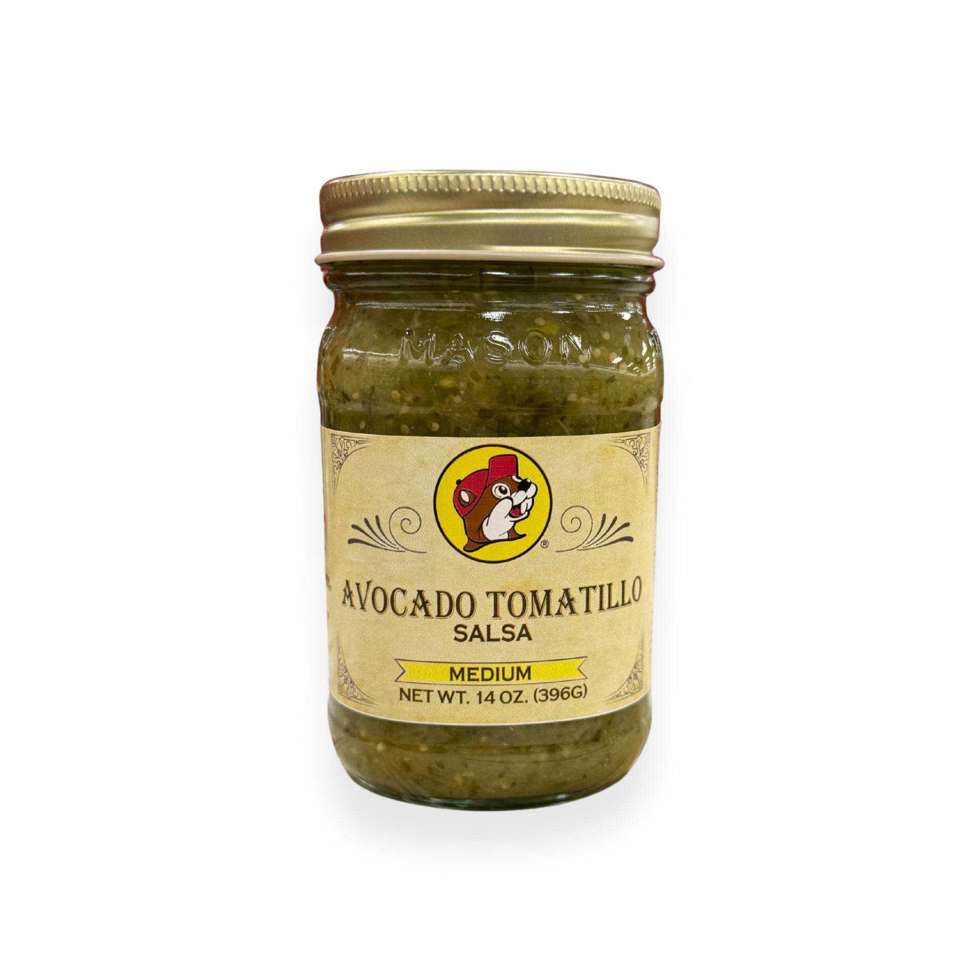 Buc-ee's Avocado Tomatillo Salsa 14 oz mason jar front view featuring iconic red beaver mascot logo, "MEDIUM" heat level indicator, and classic mason jar styling with golden lid