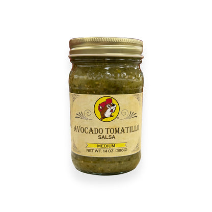 Buc-ee's Avocado Tomatillo Salsa 14 oz mason jar front view featuring iconic red beaver mascot logo, "MEDIUM" heat level indicator, and classic mason jar styling with golden lid