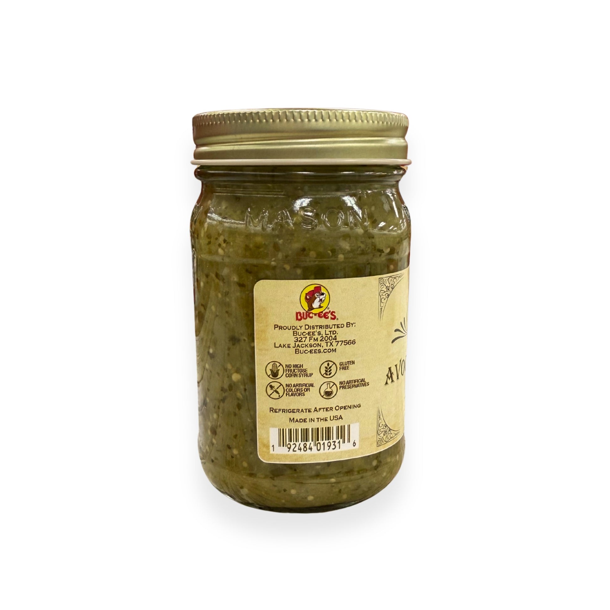 Buc-ee's Avocado Tomatillo Salsa 14 oz mason jar back view showing Buc-ee's distributor information from Lake Jackson TX, gluten-free certification, no artificial preservatives badges, barcode, and storage instructions