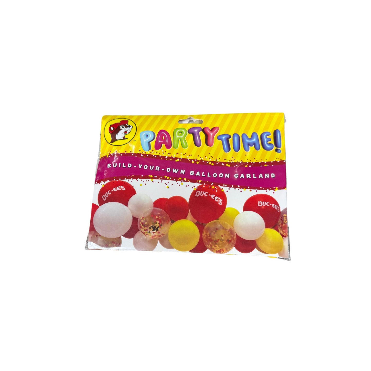 Buc-ee's build-your-own balloon garland kit in Party Time packaging showing assembled example with red Buc-ee's logo balloons, yellow, white, and gold glitter balloons
