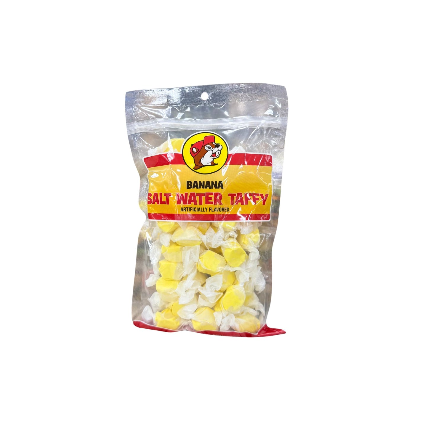 Buc-ee's banana salt water taffy bag showing bright yellow individually wrapped candy pieces with Bucky logo on yellow and red label
