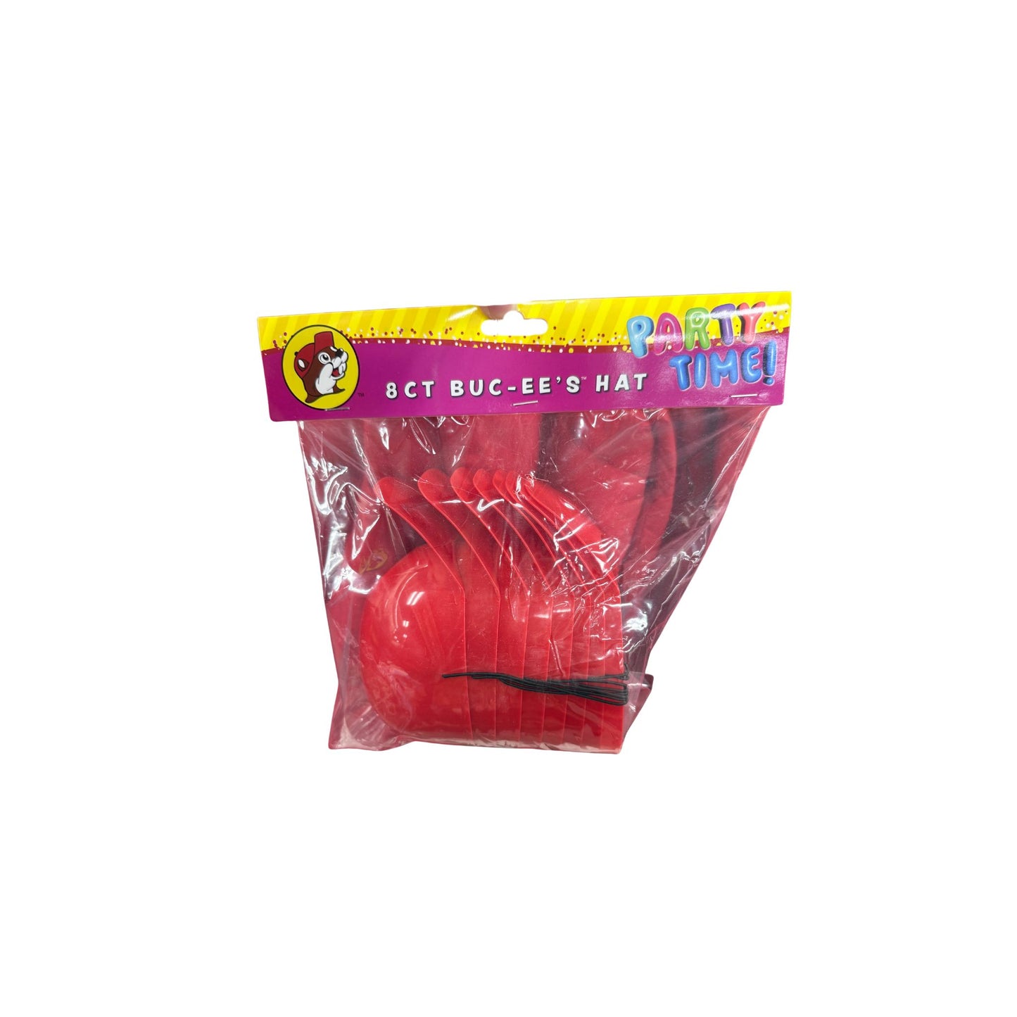 Pack of 8 Buc-ee's red party hats shaped like Bucky beaver's iconic cap in clear packaging with colorful Party Time header featuring Bucky logo