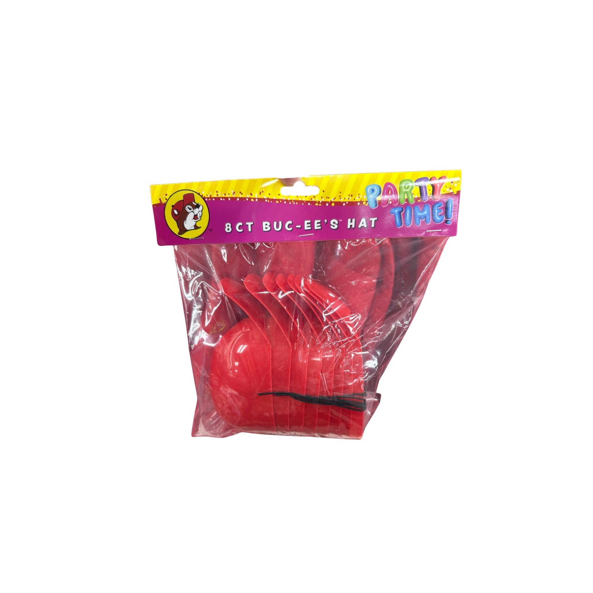 Pack of 8 Buc-ee's red party hats shaped like Bucky beaver's iconic cap in clear packaging with colorful Party Time header featuring Bucky logo