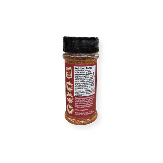 Buc-ee's Texas Round Up BBQ Rub 5.5 oz shaker container back view showing detailed nutrition facts label with 195 servings and ingredient list highlighting brown sugar, sea salt, spices, and molasses for authentic BBQ flavor