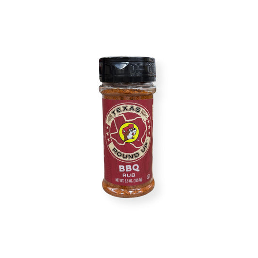 Buc-ee's Texas Round Up BBQ Rub 5.5 oz shaker container front view featuring red label with Texas state outline, beaver mascot logo, "TEXAS ROUND UP" and "BBQ RUB" text with barbecue-themed design and black shaker top