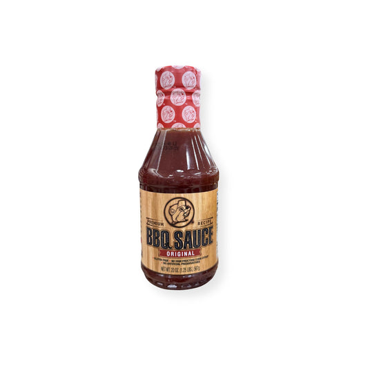 Buc-ee's Premium BBQ Sauce Original 20 oz bottle front view featuring wood-grain style label with beaver mascot logo, "PREMIUM BBQ SAUCE ORIGINAL" text, and decorative red beaver logo bottle cap
