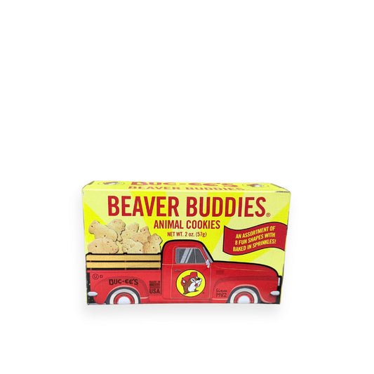 Buc-ee's Beaver Buddies Animal Cookies 2 oz yellow box featuring red vintage truck with beaver mascot logo, "ANIMAL COOKIES" text, net weight 57g, and "AN ASSORTMENT OF 8 FUN SHAPES WITH BAKED IN SPRINKLES" description showing Made in USA quality