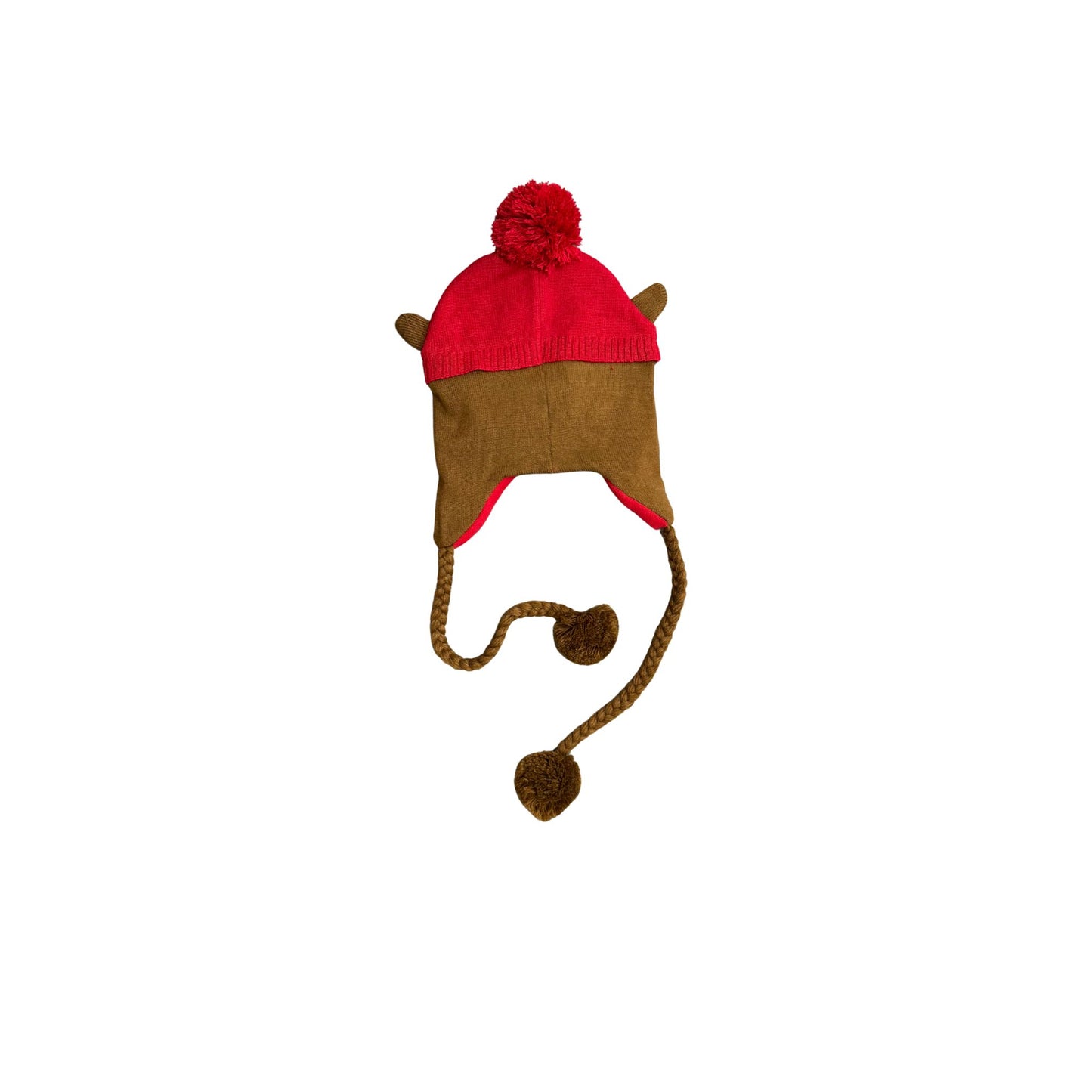 Back view of Buc-ee's beaver beanie showing brown knit with beaver ears on top, red pom-pom, and braided ties with fuzzy pom-pom ends