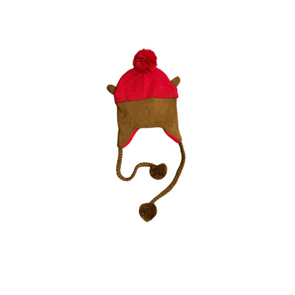 Back view of Buc-ee's beaver beanie showing brown knit with beaver ears on top, red pom-pom, and braided ties with fuzzy pom-pom ends