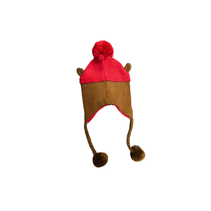 Youth size Buc-ee's beaver beanie in brown knit with beaver ears on top, red pom-pom, and braided ties with fuzzy ends, designed for kids back view
