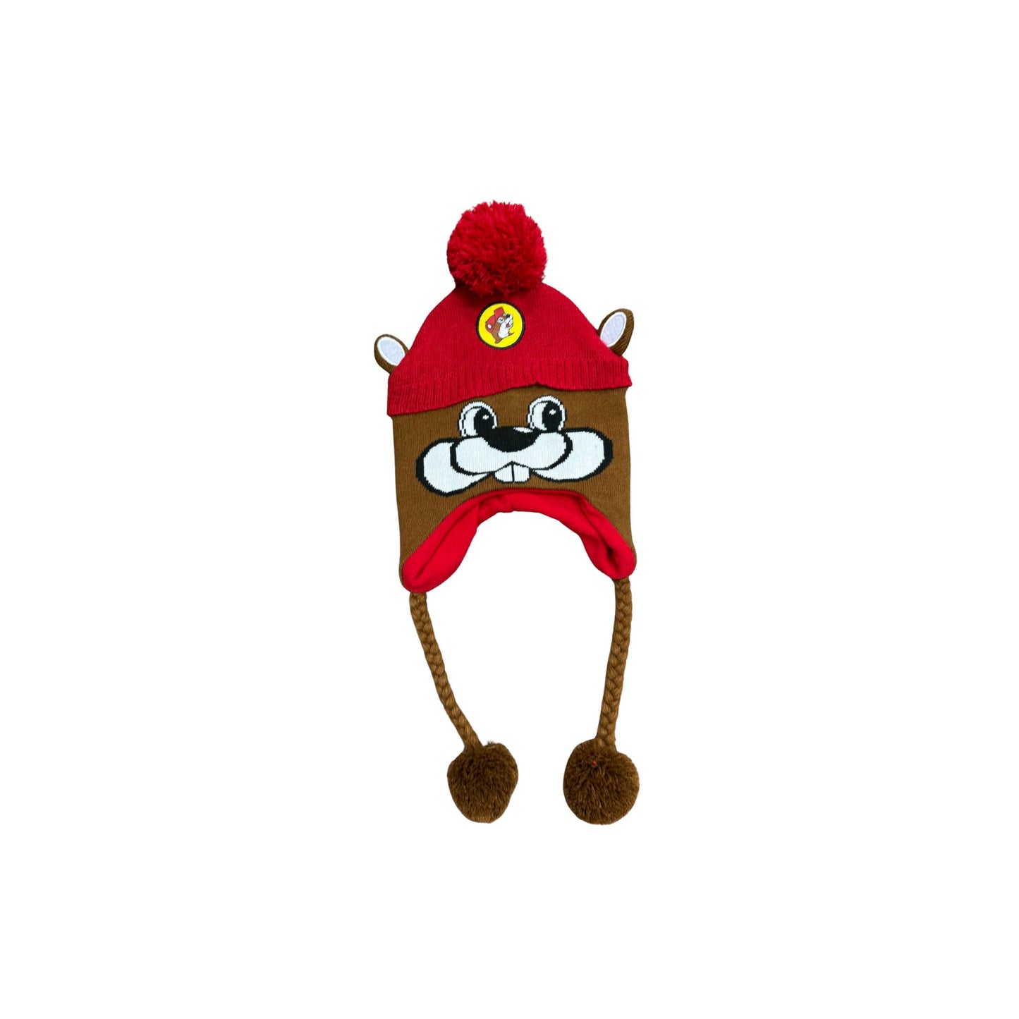 Youth size Buc-ee's beaver beanie in brown knit with beaver ears on top, red pom-pom, and braided ties with fuzzy ends, designed for kids