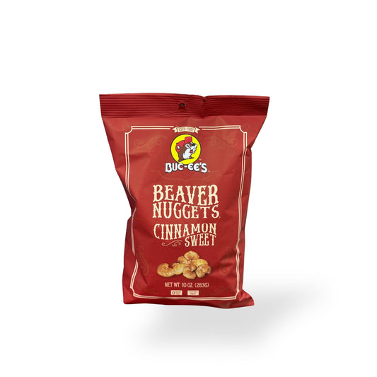 Buc-ee's Beaver Nuggets Cinnamon Sweet 10oz bag front view showing red packaging with Buc-ee's beaver logo and cinnamon coated corn puffs