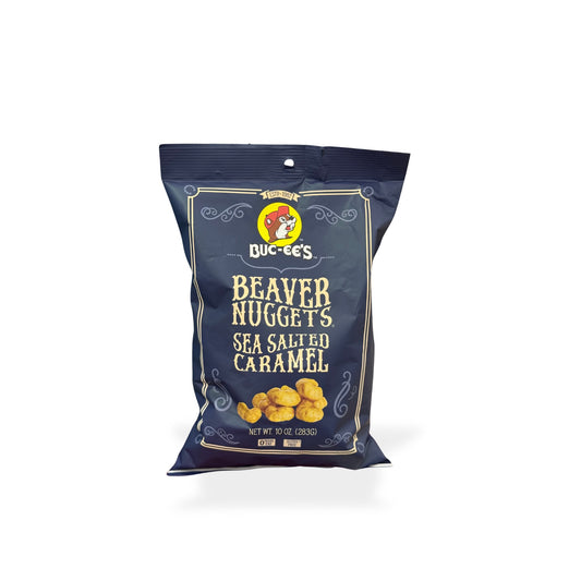 Buc-ee's Beaver Nuggets Sea Salted Caramel 10oz bag front view showing navy blue packaging with Buc-ee's beaver logo and caramel coated corn puffs