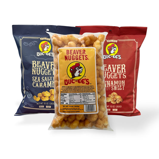 Buc-ee's Beaver Nuggets variety pack showing Original, Cinnamon Sweet, and Sea Salted Caramel 10oz bags together as complete bundle deal