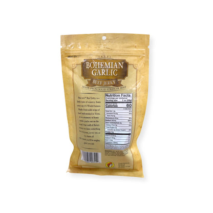Buc-ee's Bohemian Garlic Beef Jerky 4oz package back showing nutrition facts label, product description, and barcode with golden yellow packaging