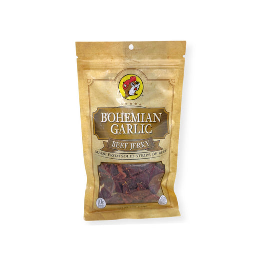Buc-ee's Bohemian Garlic Beef Jerky 4oz package front featuring iconic red beaver mascot logo, clear window showing dark jerky strips, and golden yellow resealable packaging