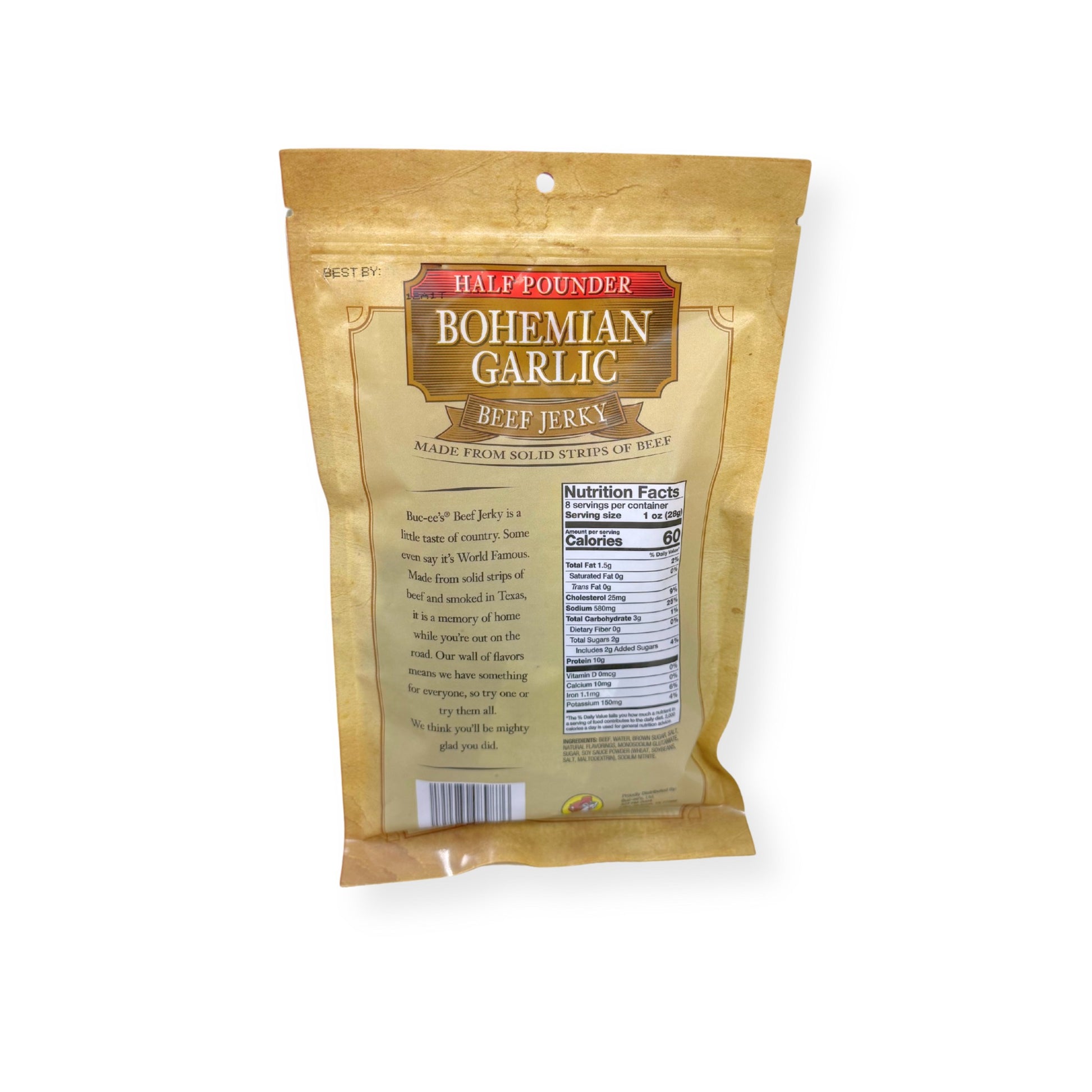Buc-ee's Bohemian Garlic Beef Jerky 8oz package back showing nutrition facts label, product description, and barcode with golden yellow packaging