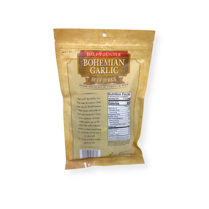 Buc-ee's Bohemian Garlic Beef Jerky 8oz package back showing nutrition facts label, product description, and barcode with golden yellow packaging