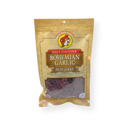 Buc-ee's Bohemian Garlic Beef Jerky 8oz package front featuring iconic red beaver mascot logo, clear window showing dark jerky strips, and golden yellow resealable packaging