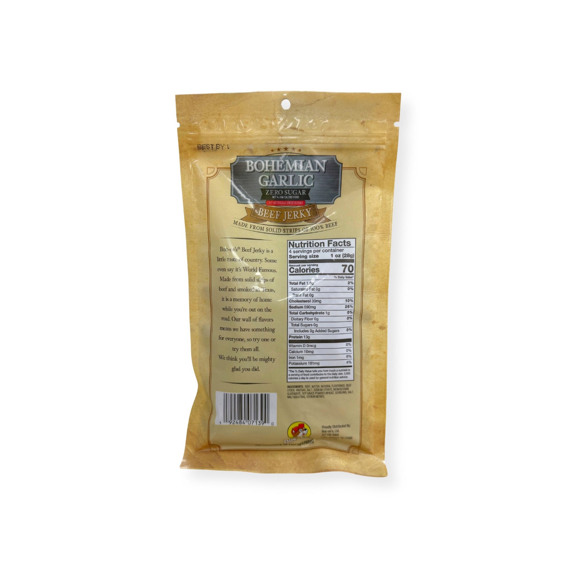 Buc-ee's Bohemian Garlic Beef Jerky 4oz bag back view displaying nutrition facts label with 70 calories per serving and ingredient information