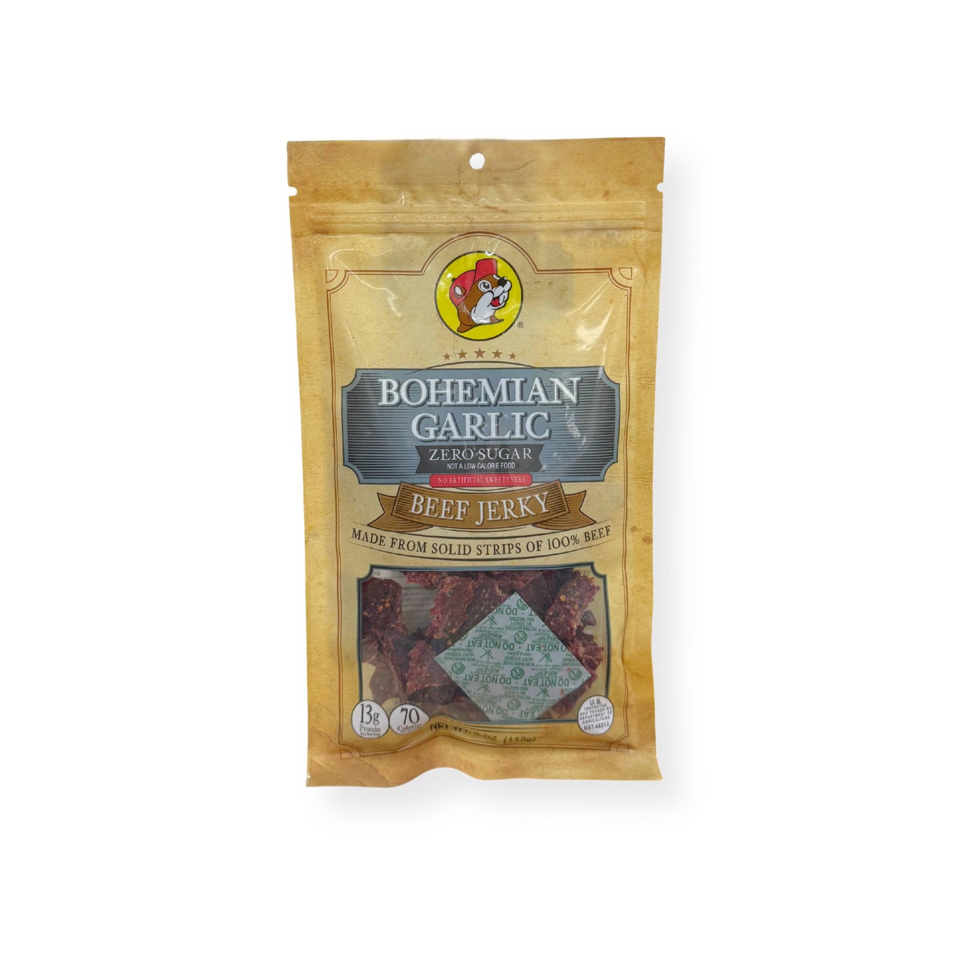 Buc-ee's Bohemian Garlic Beef Jerky 4oz bag front view showing gold packaging with Buc-ee's beaver logo and premium beef jerky strips visible