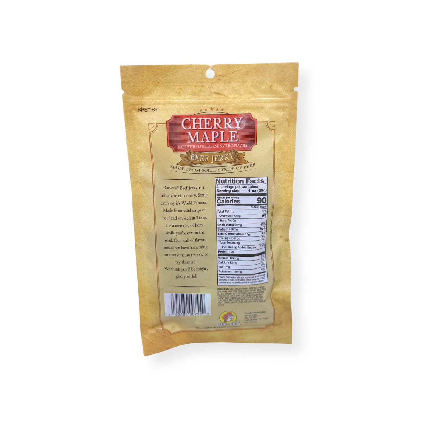 Buc-ee's Cherry Maple Beef Jerky 4oz bag back view displaying nutrition facts label with 90 calories per serving and ingredient information