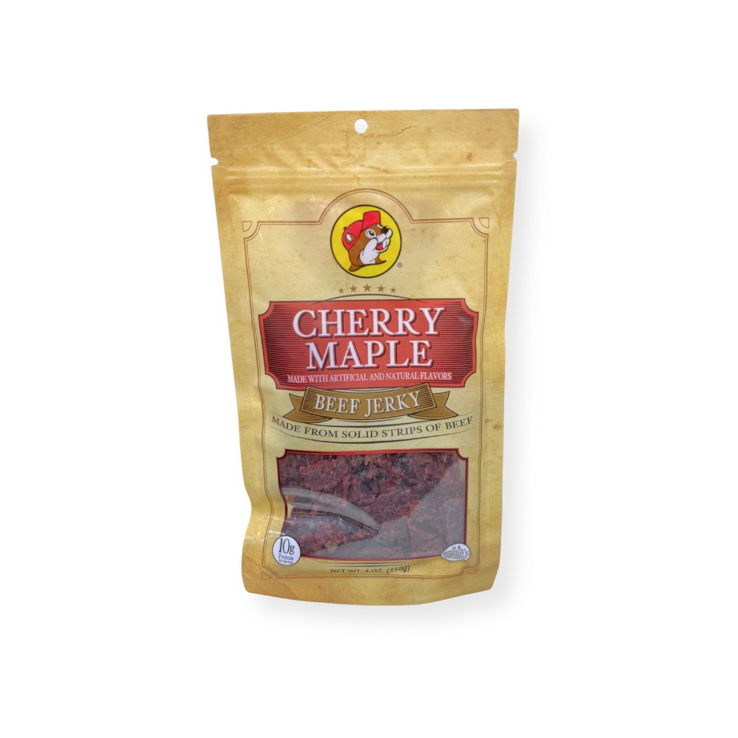 Buc-ee's Cherry Maple Beef Jerky 4oz bag front view showing gold and red packaging with Buc-ee's beaver logo and fruit-maple seasoned beef jerky strips visible