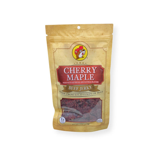 Buc-ee's Cherry Maple Beef Jerky 4oz bag front view showing gold and red packaging with Buc-ee's beaver logo and fruit-maple seasoned beef jerky strips visible