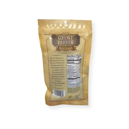 Buc-ee's Ghost Pepper Beef Jerky 4oz bag back view displaying nutrition facts label with 70 calories per serving and ingredient information