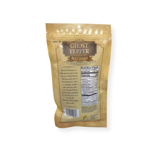 Buc-ee's Ghost Pepper Beef Jerky 4oz bag back view displaying nutrition facts label with 70 calories per serving and ingredient information
