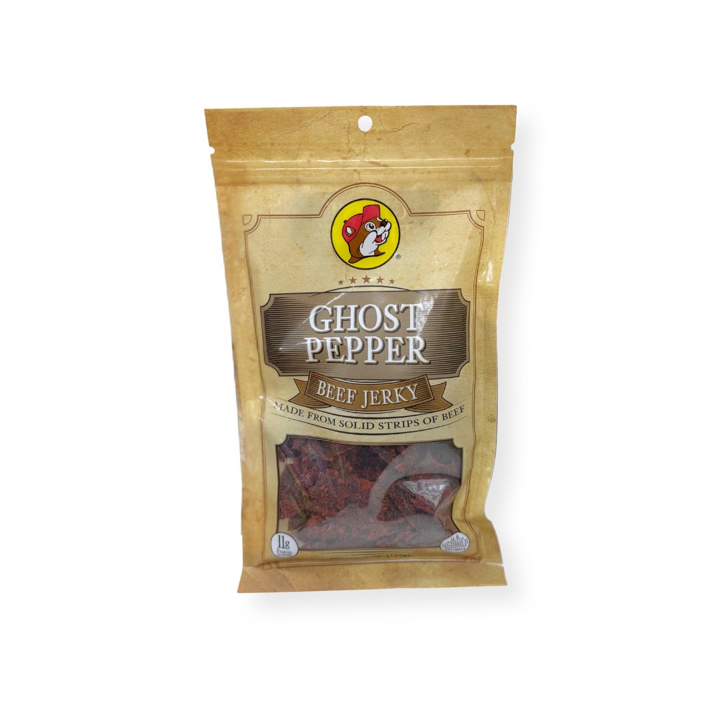 Buc-ee's Ghost Pepper Beef Jerky 4oz bag front view showing gold packaging with Buc-ee's beaver logo and spicy beef jerky strips visible