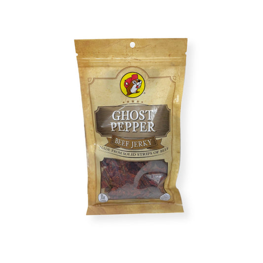 Buc-ee's Ghost Pepper Beef Jerky 4oz bag front view showing gold packaging with Buc-ee's beaver logo and spicy beef jerky strips visible