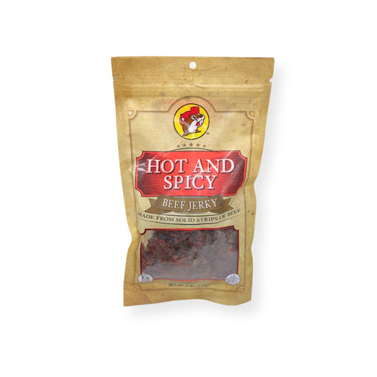 Buc-ee's Hot and Spicy Beef Jerky 4oz package front featuring iconic red beaver mascot logo, clear window showing dark spiced jerky strips, and golden yellow resealable packaging with bold red "Hot and Spicy" label