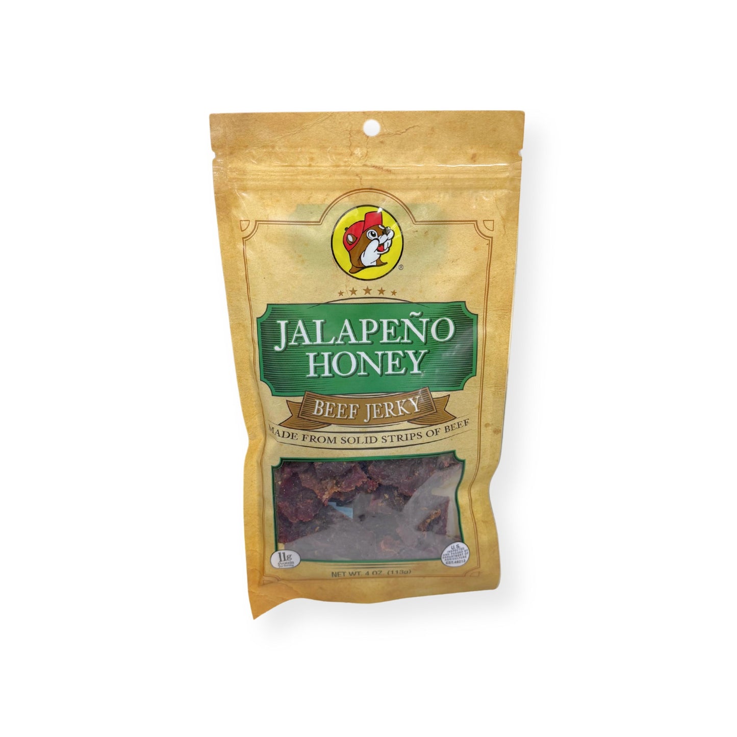 Buc-ee's Jalapeño Honey Beef Jerky 4oz bag front view showing gold and green packaging with Buc-ee's beaver logo and premium beef jerky strips visible