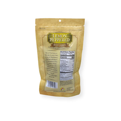 Buc-ee's Lemon Peppered Beef Jerky 4oz package back showing nutrition facts label, product description, and barcode with golden yellow packaging